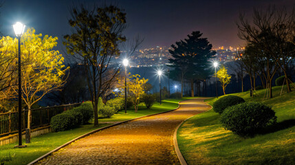 Obraz premium Сurved walkways and paths with lanterns on poles, a lush green Park and a City in the distance at Night with a little fog