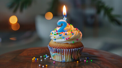 A birthday cupcake sits on a table with a number two candle. The cupcake is decorated with festive lights.