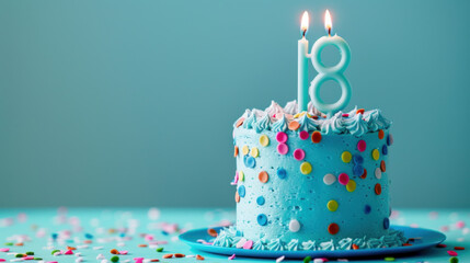 A blue birthday cake with a candle in the shape of the number 8.