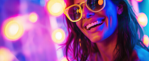 close up of woman smiling with neon sunglasses at a party in the nightclub, party lights, neon colors with copy space