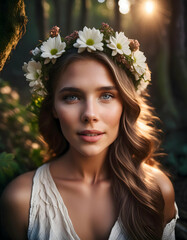 Young American woman wearing a flower crown and light Portrait of sensual on Generative AI.