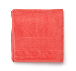 Top view of folded red terry cloth bath towel