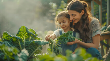 Happy single mother picking fresh vegetables with her daughter.