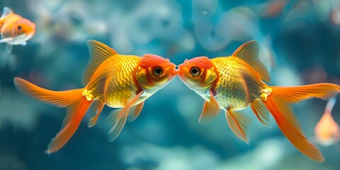 Fototapeta premium Two goldfish affectionately kiss in a tank among other fish. Concept Pets, Animal Behavior, Aquariums, Fishkeeping