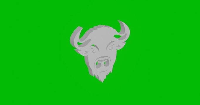 Animation of rotation of a white buffalo logo with shadow. Simple and complex rotation. Seamless looped 4k animation on green chroma key background