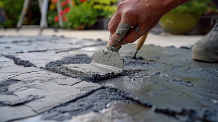 A close up of hands using a trowel to apply a concrete crack repair compound to a patio ensuring it is evenly spread,