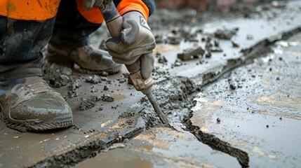A worker using a pneumatic chisel to clean and prepare a crack in a concrete walkway for the application of a repair compound,