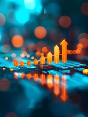 Abstract image of upward trending arrows on a digital circuit board, symbolizing growth and innovation.
