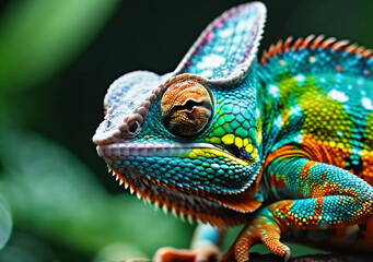 Obraz premium closeup of a colorful chameleon lizard. Generative AI. 