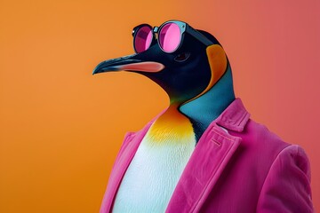 Stylish Penguin in Vibrant Pink Coat and Sunglasses,Striking Portrait on Colorful Background
