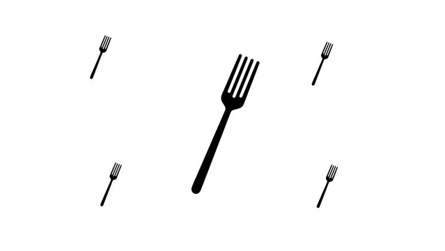 Zoom in and out animation the fork symbol. Large black symbol in the center and four small symbols around. Seamless looped 4k animation on white background