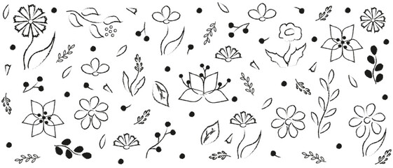 Doodle Scribble hand drawn summer Flowers seamless pattern. Line stroke grunge texture Floral ornament. Simple black vector illustration can used bed linen print. EPS 10