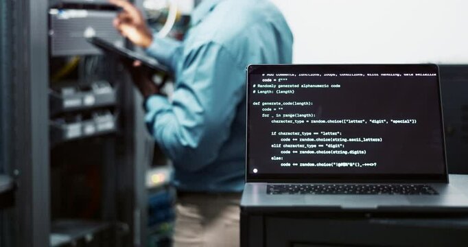 Laptop screen, coding and information technology in office for cybersecurity, software update or development. Engineer, data center and testing at workplace for scam, surveillance and cpu protection