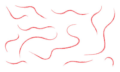 Crayon brush stroke red underline. Chalk pen highlight stroke. Vector hand drawn brush underline element set for accent, crayon texture emphasis element, isolated with white background.