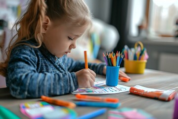 Young child focused on drawing with colorful pencils and markers at a table, engaging in creative play.