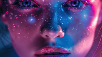 surreal female portrait face divided into ethereal blue and vibrant pink sections cosmic purple eyes skin adorned with twinkling star constellations dreamlike and otherworldly
