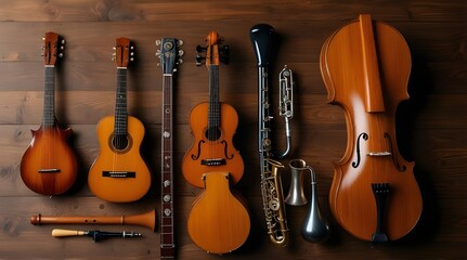 Fototapeta premium Set of different musical instruments on wooden background.generative.ai