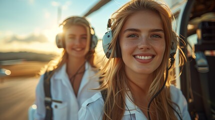Obraz premium Young Woman Wearing Headphones While Boarding a Helicopter at Sunset