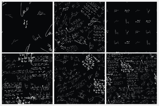 Seamless vector pattern set. White text on a black background. Lettering on the chalkboard. Handwritten words in chalk. Letter background. Blackboard illustration