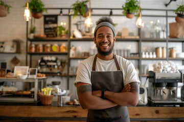 Fototapeta premium Barista smiling in a cozy café, standing with folded arms in front of coffee equipment.