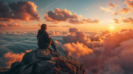 Fototapeta premium A person is sitting on a rocky cliff, looking out at the horizon where the sky meets the mountains.