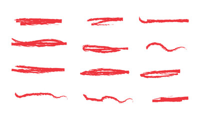 Crayon brush stroke red underline. Chalk pen highlight stroke. Vector hand drawn brush underline element set for accent, crayon texture emphasis element, isolated with white background.