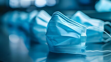 A close-up shot of blue surgical face masks lying on a table, focus on the front of the mask, with blurred background.