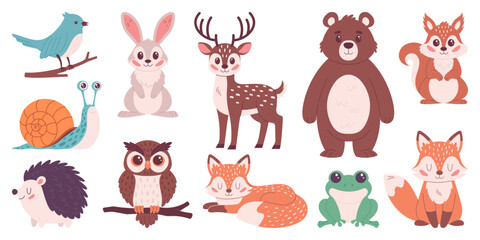 A set of animals. Woodland characters. Vector cartoon set of objects for your design