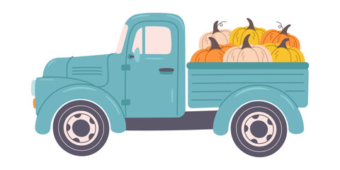 Blue truck with pumpkins, vector illustration