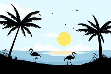 View of flamingos on the beach. Summer day vector illustration poster design template