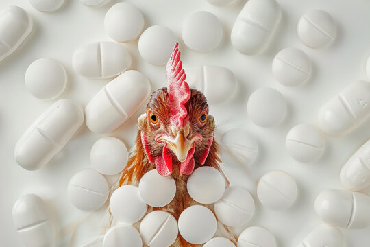 Chicken is surrounded by pills illustrating the concept of avian flu and treatment or antibiotics
