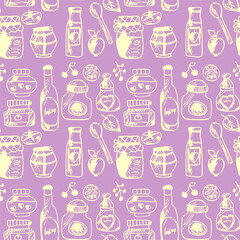 Seamless print pattern with jars and bottles with different food kitchen wallpaper background for textile, paper