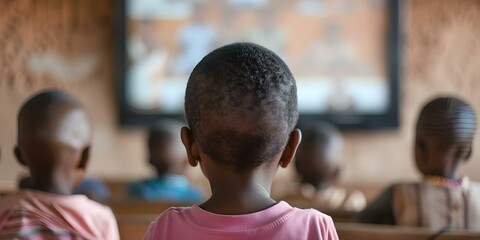 African students engaged in an educational program on TV in rural classroom. Concept Education, African Students, Television Learning, Rural Classroom, Educational Program