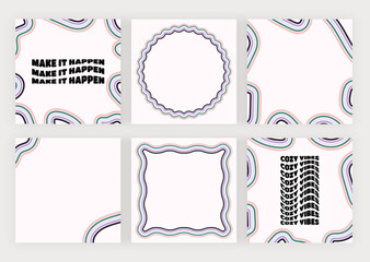 Colorful square groovy banners with wavy lines and quotes
