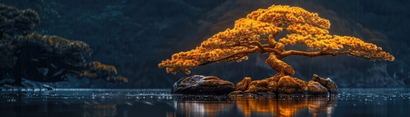 Serene landscape with a bonsai tree illuminated by golden light, resting on a rock in tranquil waters, enveloped by a tranquil forest.