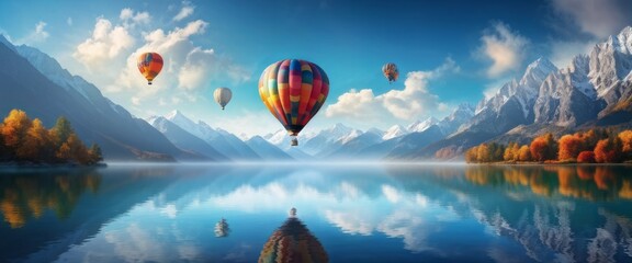 Fototapeta premium Colorful hot air balloons floating over serene lake and majestic mountain landscape. Generative AI