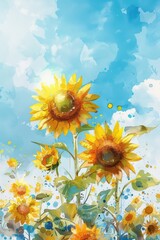 Vibrant watercolor painting of sunflowers under a bright blue sky. Perfect for nature lovers and art enthusiasts.