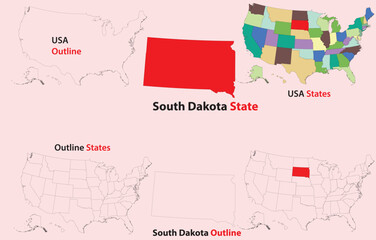 Obraz premium South Dakota map vector of usa, South Dakota line map, South Dakota with city map, South Dakota outline map