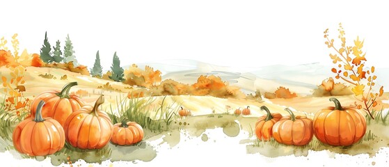 Fototapeta premium A cozy autumn pumpkin field landscape on white background