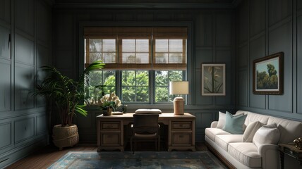Fototapeta premium A small room with a desk and a couch. The room is decorated with a painting on the wall and a potted plant. The room has a modern and minimalist design