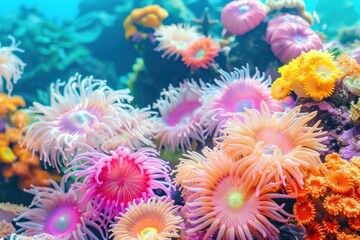 Vibrant close-up of colorful coral reef underwater, showcasing diverse marine life and bright ocean flora in natural tropical habitat.