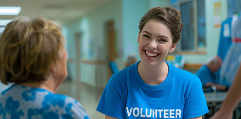 A young volunteer woman or nurse wearing a blue t-shirt talking with an elderly woman. Caregiver, healthcare concept.