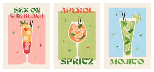 Poster drink set. Cocktail arts. Aperol spritz. Mojito. Sex on the beach. Retro posters with alcohol cocktails. 90s 80s 70s groovy posters. Modern trendy print. Drink with fruit and ice.