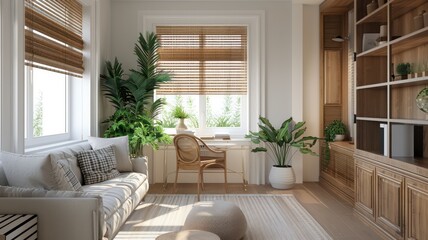 A living room with a white couch, a chair, a potted plant, and a window