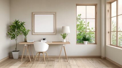 A clean and simple office space with a white desk and chair, a potted plant, and a window