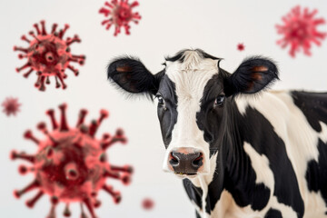 Cow with virus cells floating around, concept of animal transmitted flu and bovine diseases