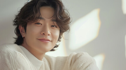 美容・脱毛・スキンケアをイメージした若い20代の笑顔で清潔感のあるニットを着た韓国人男性_白バック・窓際・冬イメージ