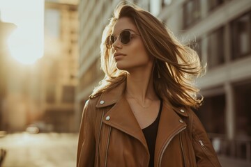 Obraz premium Woman in a leather jacket and sunglasses confidently walks through the city streets at sunset.