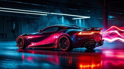 Obraz premium Sleek futuristic sports car in glowing neon lights, high-tech garage setting. Generative AI