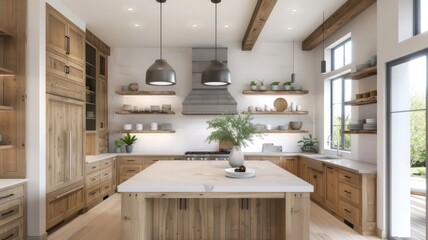 A large kitchen with a white island and wooden cabinets. The kitchen is well lit and has a modern feel